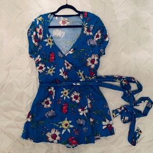 Lush Blue Tie Waist Floral Romper